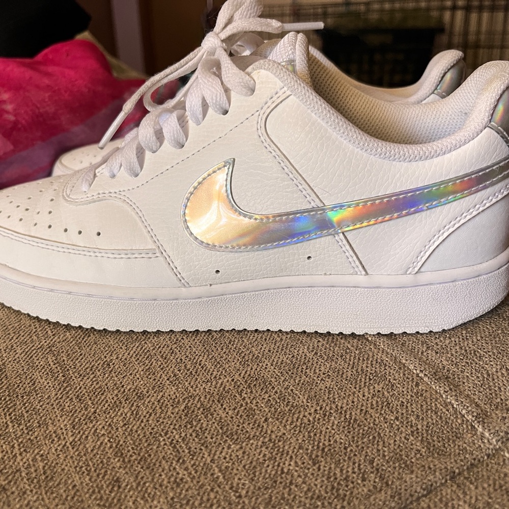 Nike Women's White Sneakers with Iridescent Swoosh